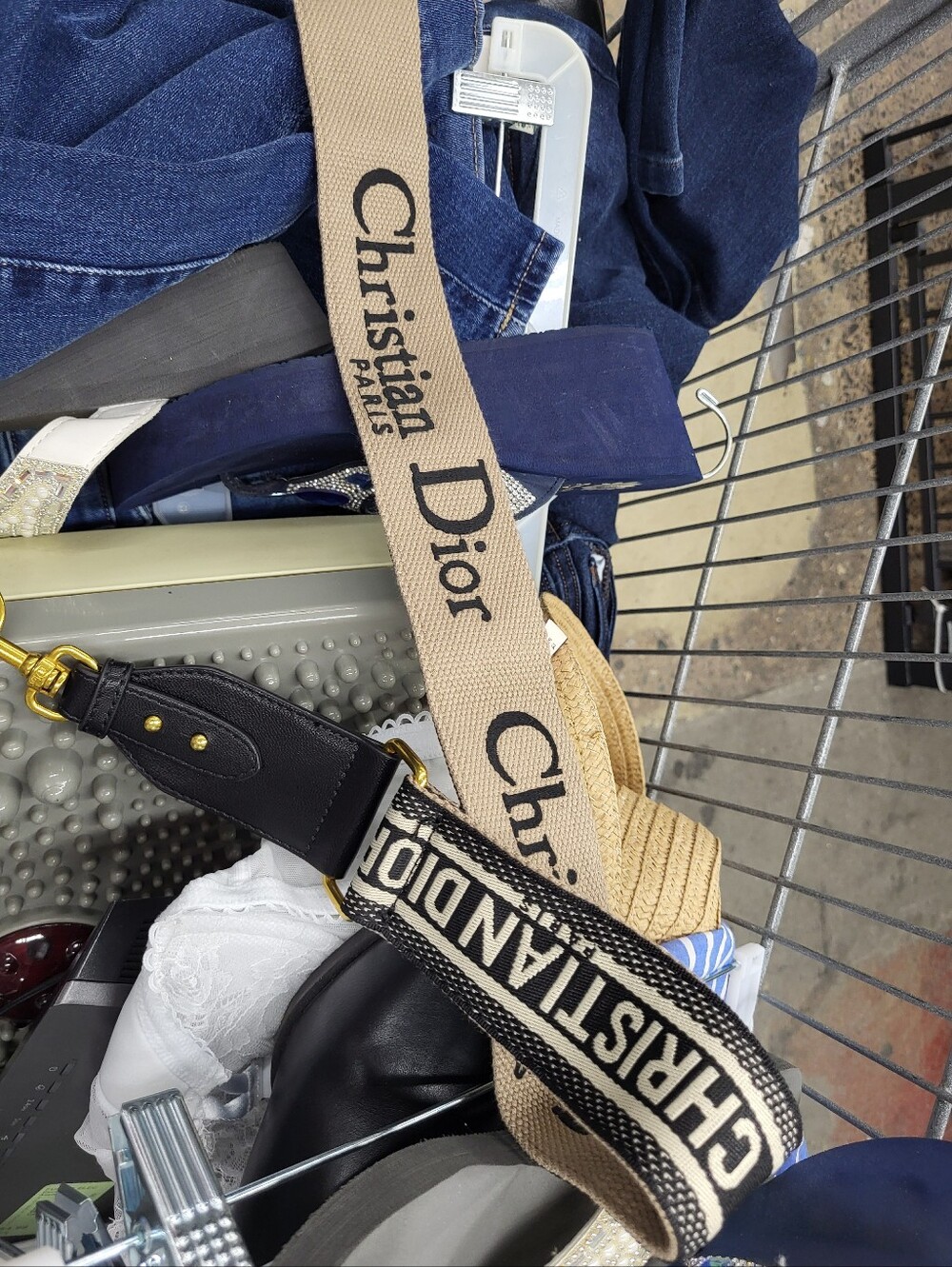 Dior Beige and Black Logo Canvas Shoulder Strap with Gold-Tone Hardware